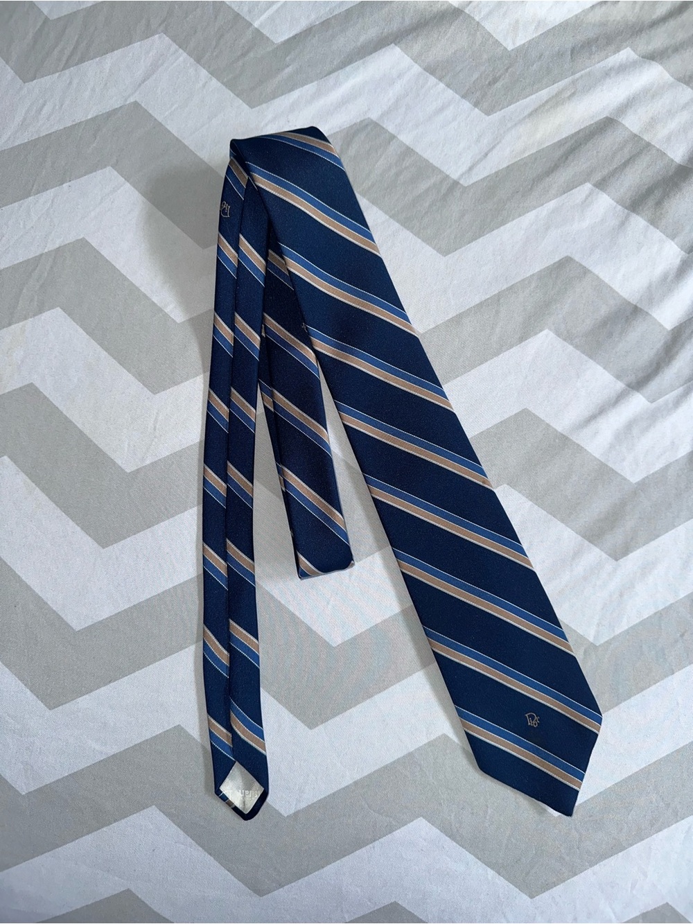 Dior Navy Tie with Beige and Light Blue Stripes